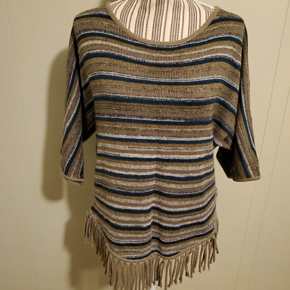 Striped Dolman Sleeve Knit Fringed Sweater